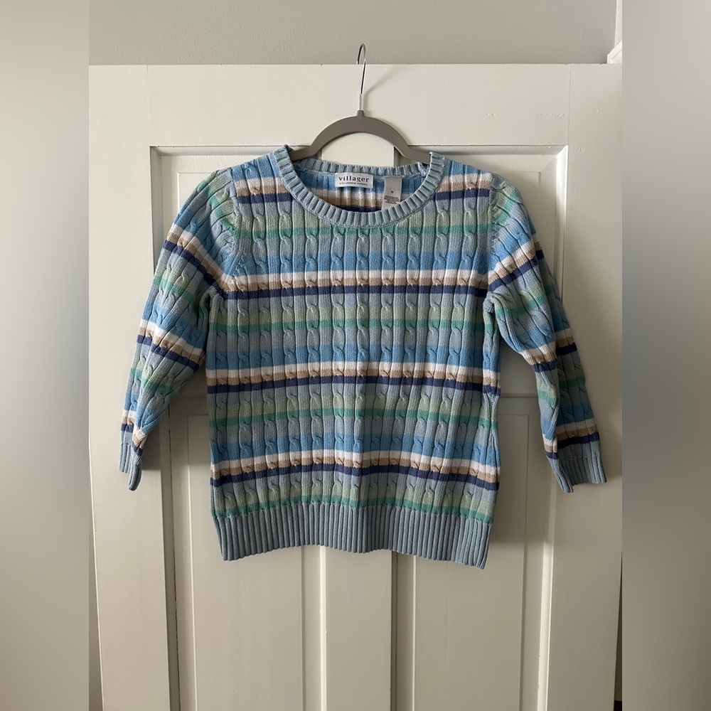 Villager by Liz Claiborne 100% Cotton Cable Knit Striped Crewneck Sweater